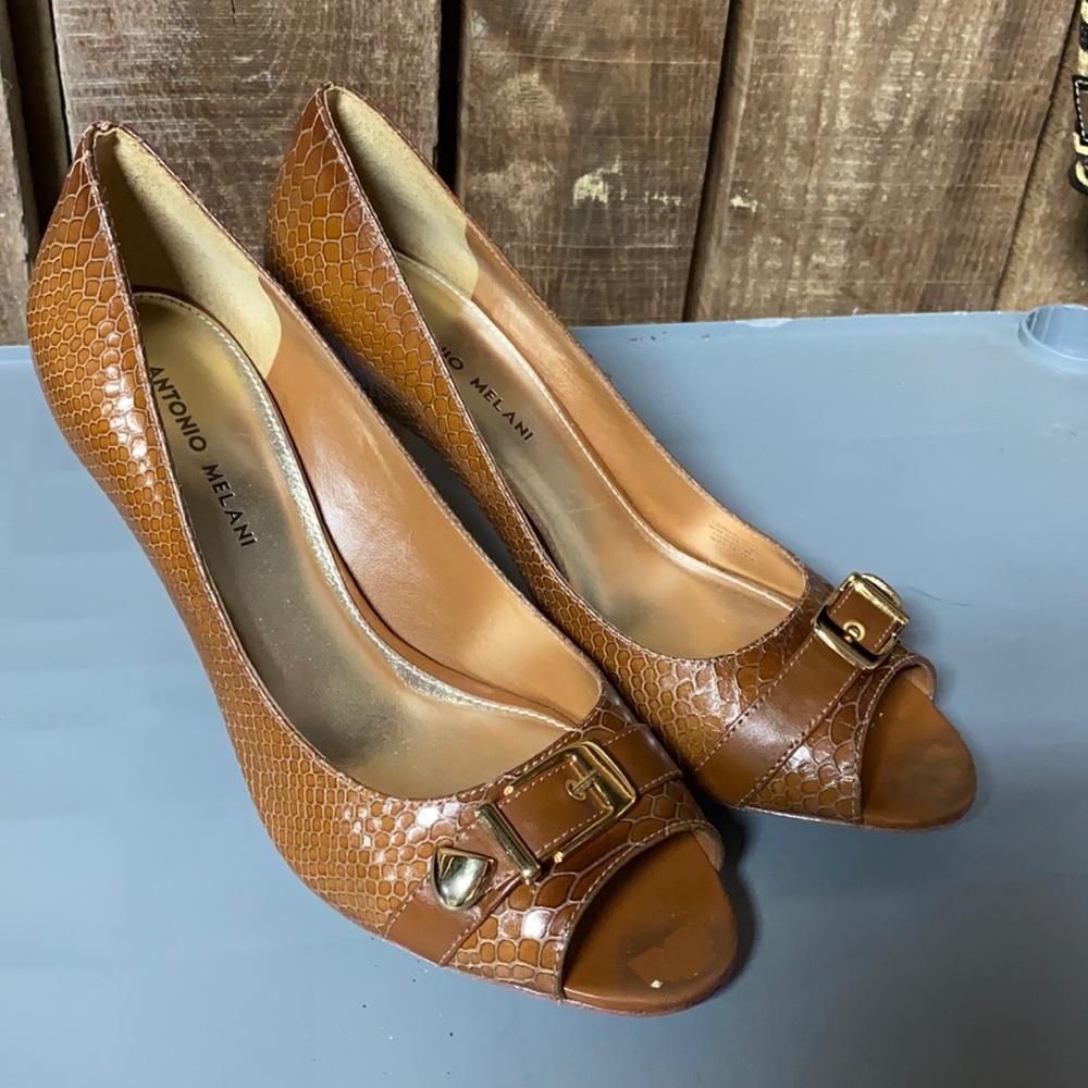 Antonio Melani Brown Pumps Shoes Heels Peep Toe Size 9.5